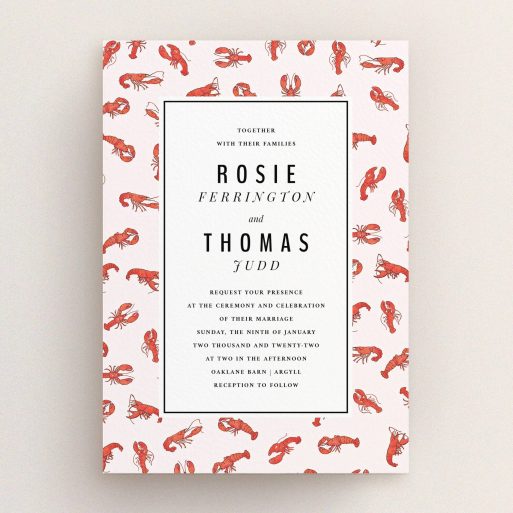 A wedding invite card named "Tiny, Tiny Lobsters". It is an A5 invite in a portrait orientation. "Tiny, Tiny Lobsters" is available as a flat invite, with tones of red and pink.