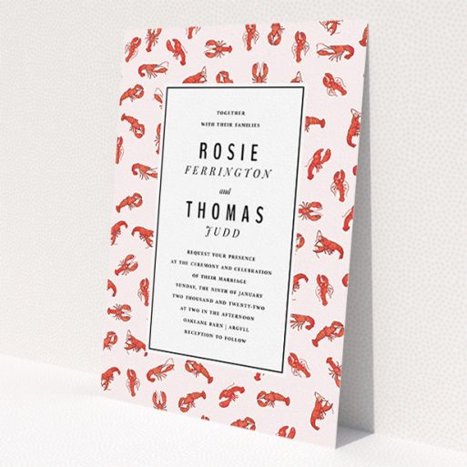 A wedding invite card named 'Tiny, Tiny Lobsters'. It is an A5 invite in a portrait orientation. 'Tiny, Tiny Lobsters' is available as a flat invite, with tones of red and pink.