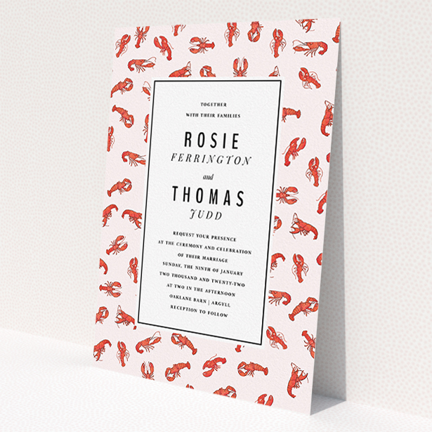 A wedding invite card named "Tiny, Tiny Lobsters". It is an A5 invite in a portrait orientation. "Tiny, Tiny Lobsters" is available as a flat invite, with tones of red and pink.