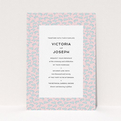 A wedding invite card template titled "Tiny, Tiny Turtles". It is an A6 invite in a portrait orientation. "Tiny, Tiny Turtles" is available as a flat invite, with tones of blue and pink.