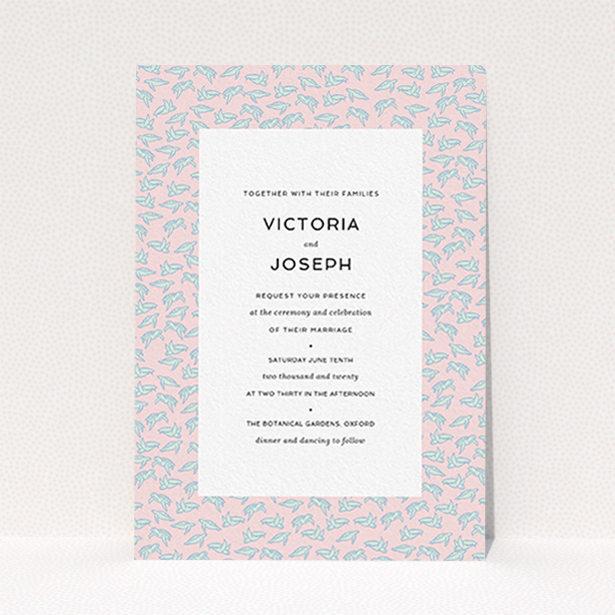 A wedding invite card template titled "Tiny, Tiny Turtles". It is an A6 invite in a portrait orientation. "Tiny, Tiny Turtles" is available as a flat invite, with tones of blue and pink.
