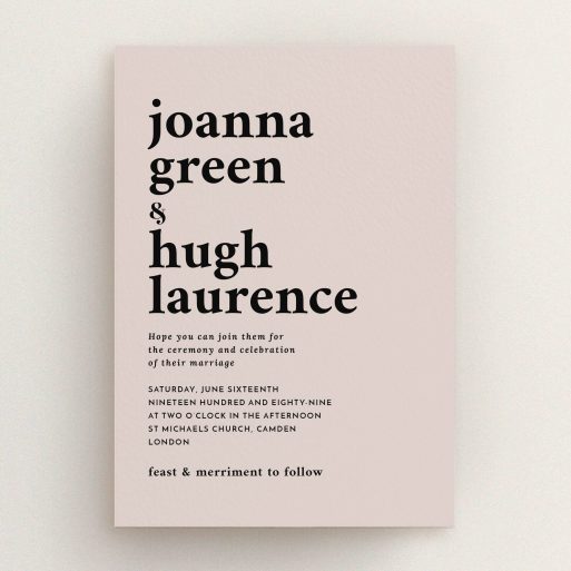 A wedding invite card called "To the left". It is an A5 invite in a portrait orientation. "To the left" is available as a flat invite, with mainly dark cream colouring.