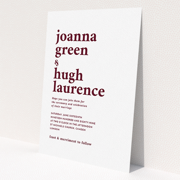 A wedding invite card design named "To the left". It is an A5 invite in a portrait orientation. "To the left" is available as a flat invite, with tones of white and burgundy.