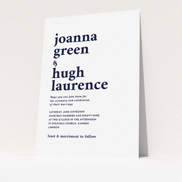 A wedding invite card design titled "To the left". It is an A5 invite in a portrait orientation. "To the left" is available as a flat invite, with mainly white colouring.