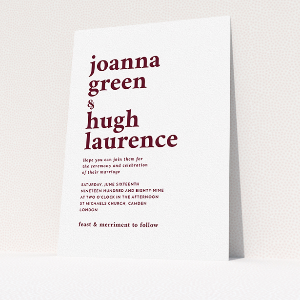 A wedding invite card design named "To the left". It is an A5 invite in a portrait orientation. "To the left" is available as a flat invite, with tones of white and burgundy.