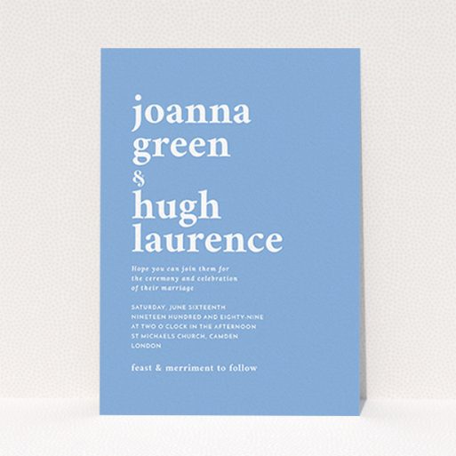 A wedding invite card named "To the left". It is an A6 invite in a portrait orientation. "To the left" is available as a flat invite, with tones of blue and white.