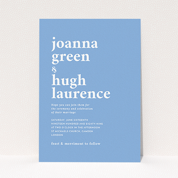 A wedding invite card named "To the left". It is an A6 invite in a portrait orientation. "To the left" is available as a flat invite, with tones of blue and white.