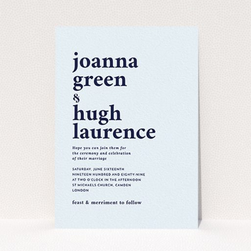 A wedding invite card design named "To the left". It is an A6 invite in a portrait orientation. "To the left" is available as a flat invite, with mainly blue colouring.