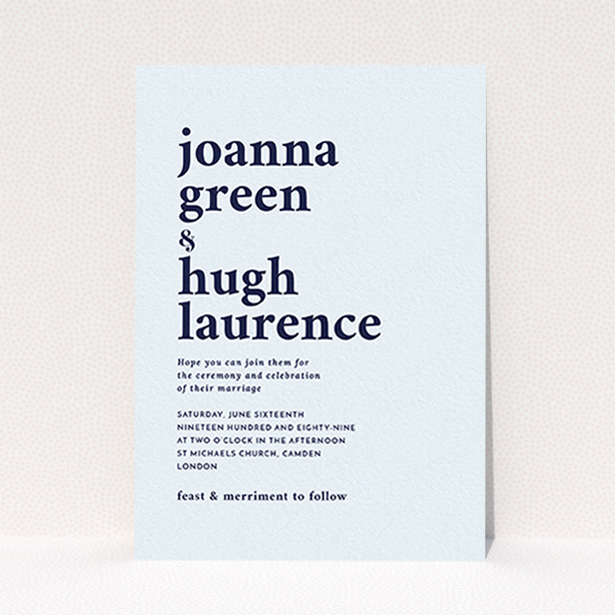 A wedding invite card design named "To the left". It is an A6 invite in a portrait orientation. "To the left" is available as a flat invite, with mainly blue colouring.