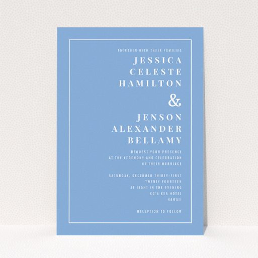 A wedding invite card template titled "To the right". It is an A5 invite in a portrait orientation. "To the right" is available as a flat invite, with tones of blue and white.