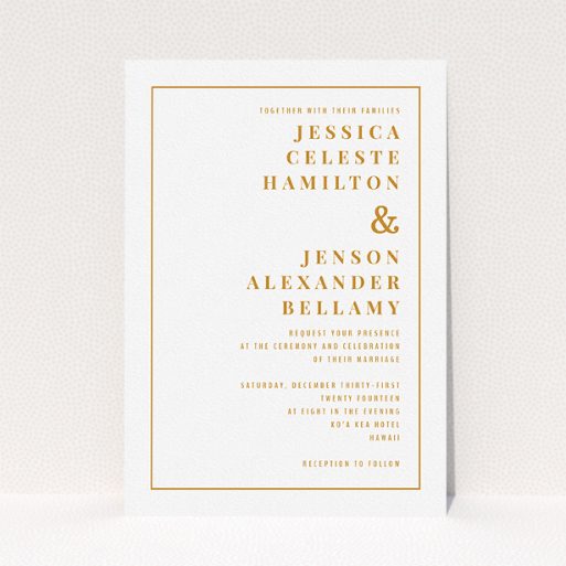 A wedding invite card named "To the right". It is an A5 invite in a portrait orientation. "To the right" is available as a flat invite, with tones of white and orange.