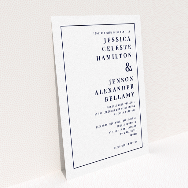 A wedding invite card design titled "To the right". It is an A5 invite in a portrait orientation. "To the right" is available as a flat invite, with mainly white colouring.