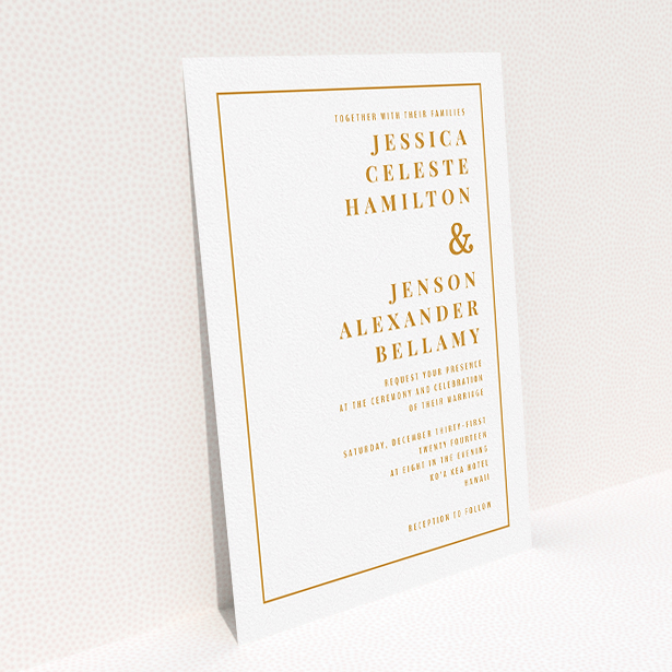 A wedding invite card named "To the right". It is an A5 invite in a portrait orientation. "To the right" is available as a flat invite, with tones of white and orange.