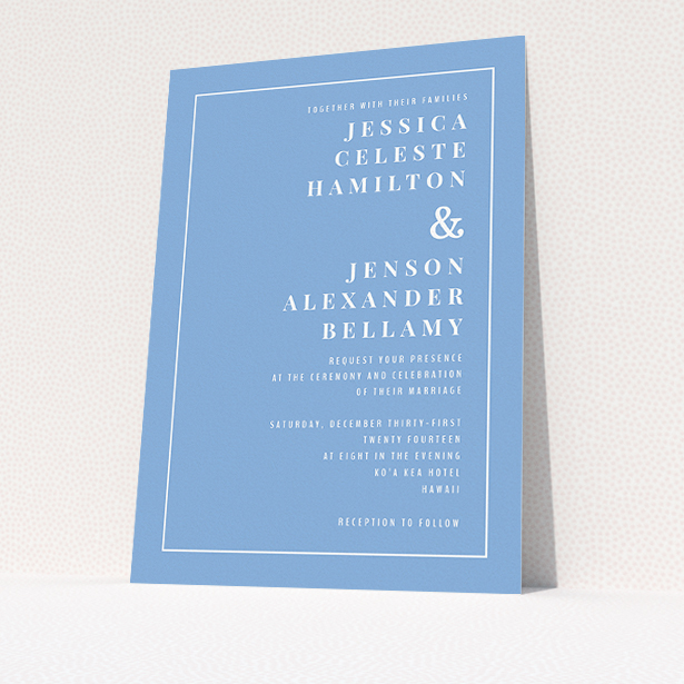 A wedding invite card template titled "To the right". It is an A5 invite in a portrait orientation. "To the right" is available as a flat invite, with tones of blue and white.