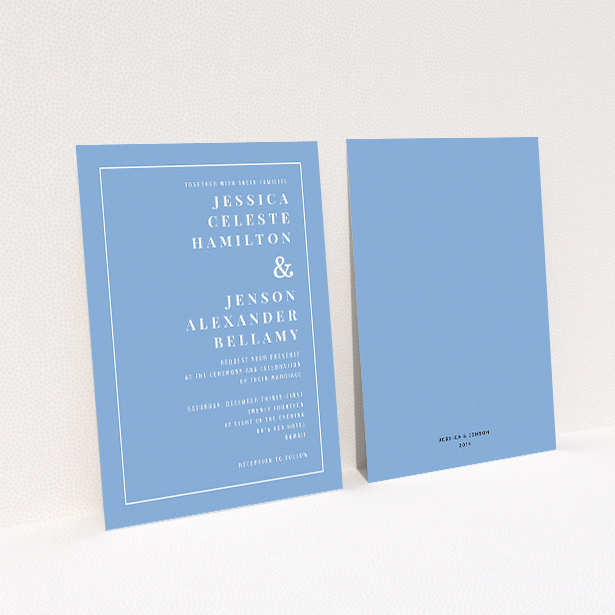A wedding invite card template titled "To the right". It is an A5 invite in a portrait orientation. "To the right" is available as a flat invite, with tones of blue and white.