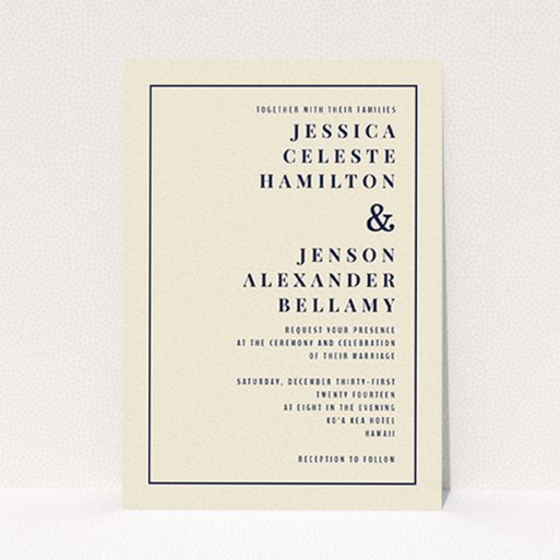 A wedding invite card named "To the right". It is an A6 invite in a portrait orientation. "To the right" is available as a flat invite, with tones of cream and navy blue.