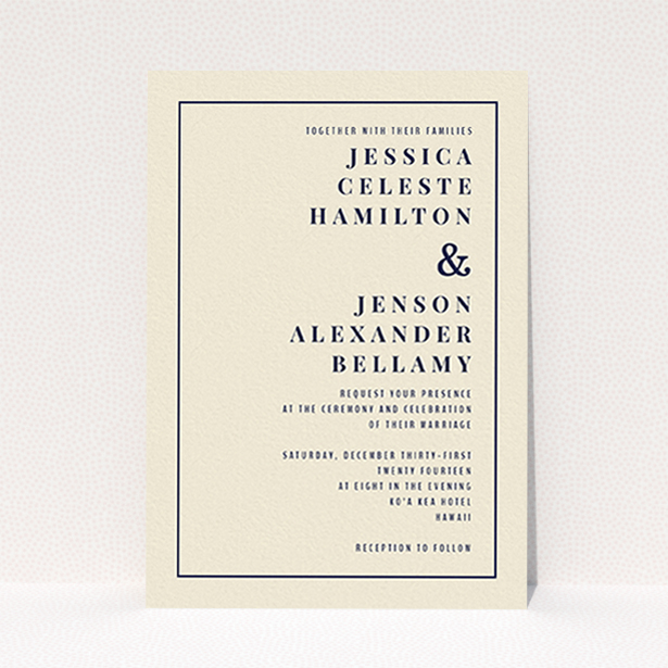 A wedding invite card named "To the right". It is an A6 invite in a portrait orientation. "To the right" is available as a flat invite, with tones of cream and navy blue.