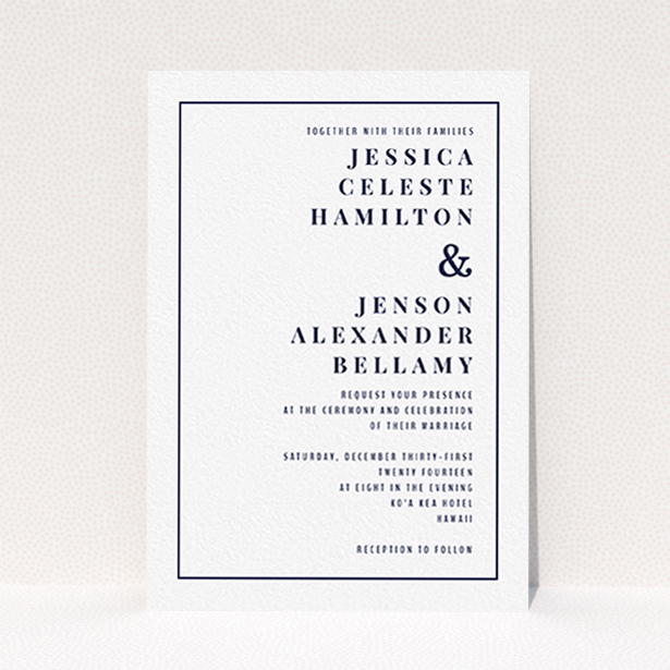 A wedding invite card design called "To the right". It is an A6 invite in a portrait orientation. "To the right" is available as a flat invite, with mainly white colouring.