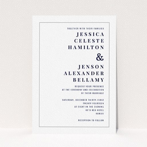 A wedding invite card design called "To the right". It is an A6 invite in a portrait orientation. "To the right" is available as a flat invite, with tones of white and grey.