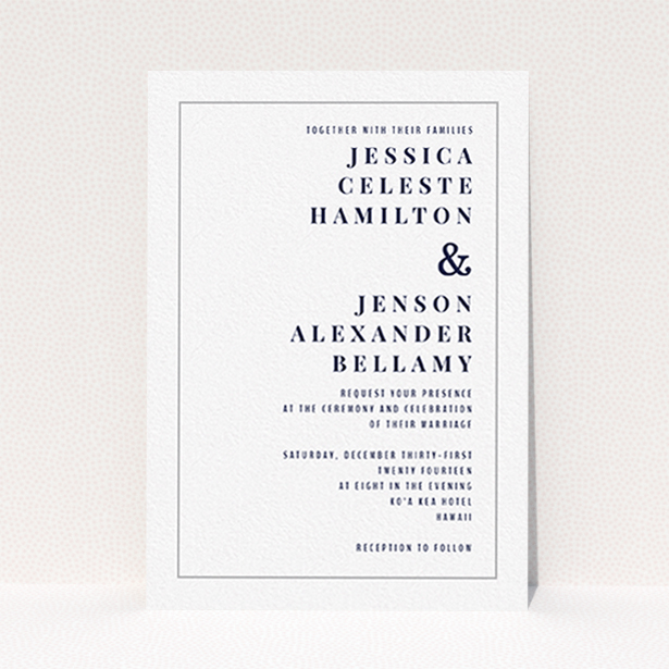 A wedding invite card design called "To the right". It is an A6 invite in a portrait orientation. "To the right" is available as a flat invite, with tones of white and grey.