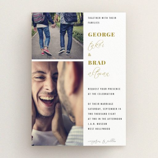 A wedding invite card design titled "Together again". It is an A5 invite in a portrait orientation. It is a photographic wedding invite card with room for 2 photos. "Together again" is available as a flat invite, with tones of white and gold.