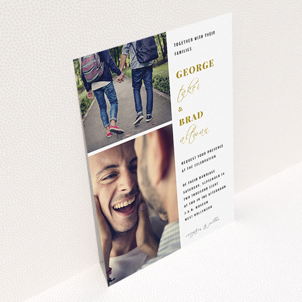 A wedding invite card design titled "Together again". It is an A5 invite in a portrait orientation. It is a photographic wedding invite card with room for 2 photos. "Together again" is available as a flat invite, with tones of white and gold.