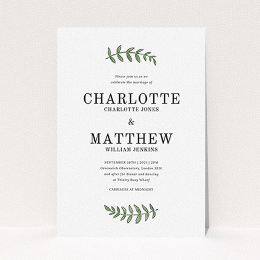 A wedding invite card named "Top and Bottom". It is an A6 invite in a portrait orientation. "Top and Bottom" is available as a flat invite, with tones of white and green.