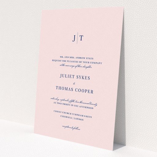 A wedding invite card design titled 'Tradition in Pink'. It is an A5 invite in a portrait orientation. 'Tradition in Pink' is available as a flat invite, with mainly pink colouring.