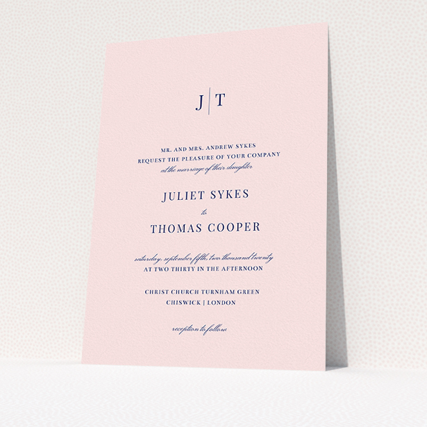 A wedding invite card design titled "Tradition in Pink". It is an A5 invite in a portrait orientation. "Tradition in Pink" is available as a flat invite, with mainly pink colouring.