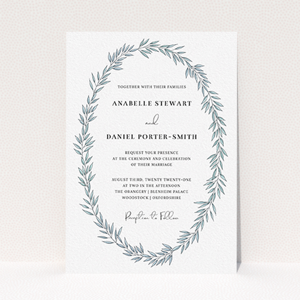 A wedding invite card design titled "Tussled Wreath". It is an A6 invite in a portrait orientation. "Tussled Wreath" is available as a flat invite, with tones of blue and white.