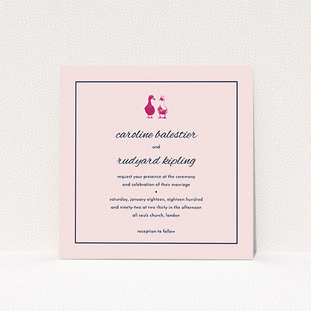 A wedding invite card template titled "Two little ducks". It is a square (148mm x 148mm) invite in a square orientation. "Two little ducks" is available as a flat invite, with mainly pink colouring.