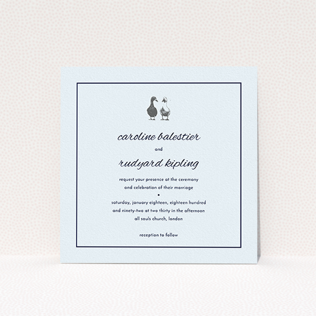 A wedding invite card design titled "Two little ducks". It is a square (148mm x 148mm) invite in a square orientation. "Two little ducks" is available as a flat invite, with mainly white colouring.
