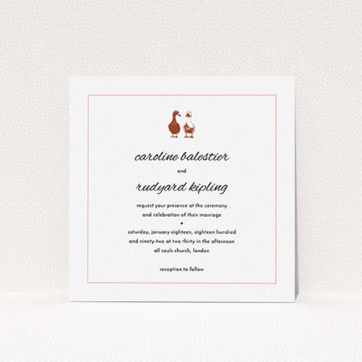 A wedding invite card called "Two little ducks". It is a square (148mm x 148mm) invite in a square orientation. "Two little ducks" is available as a flat invite, with mainly white colouring.