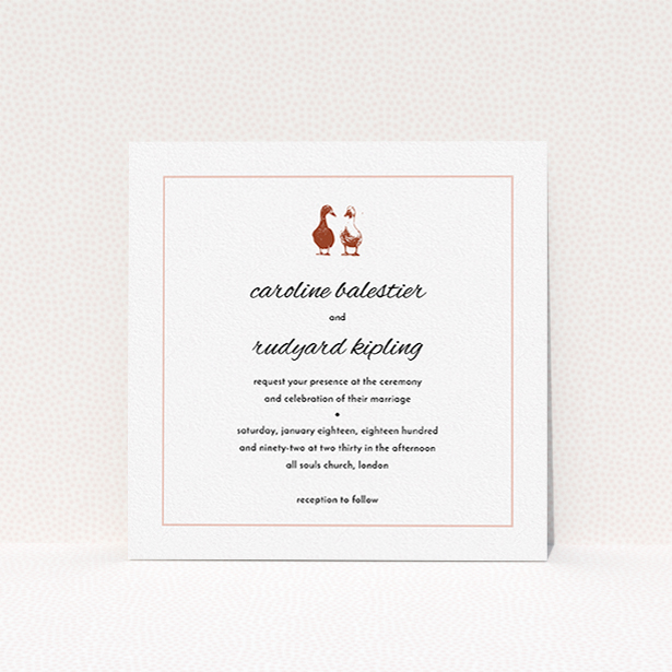 A wedding invite card called "Two little ducks". It is a square (148mm x 148mm) invite in a square orientation. "Two little ducks" is available as a flat invite, with mainly white colouring.