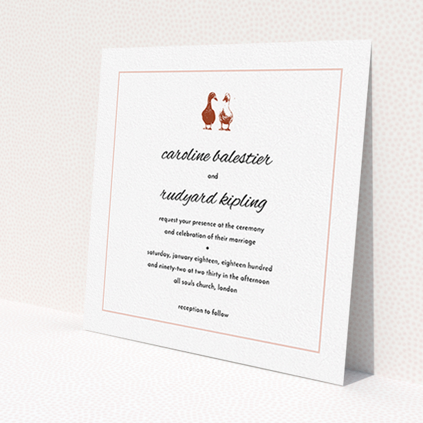 A wedding invite card called "Two little ducks". It is a square (148mm x 148mm) invite in a square orientation. "Two little ducks" is available as a flat invite, with mainly white colouring.