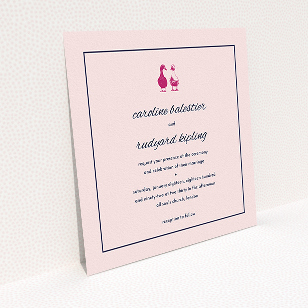 A wedding invite card template titled "Two little ducks". It is a square (148mm x 148mm) invite in a square orientation. "Two little ducks" is available as a flat invite, with mainly pink colouring.
