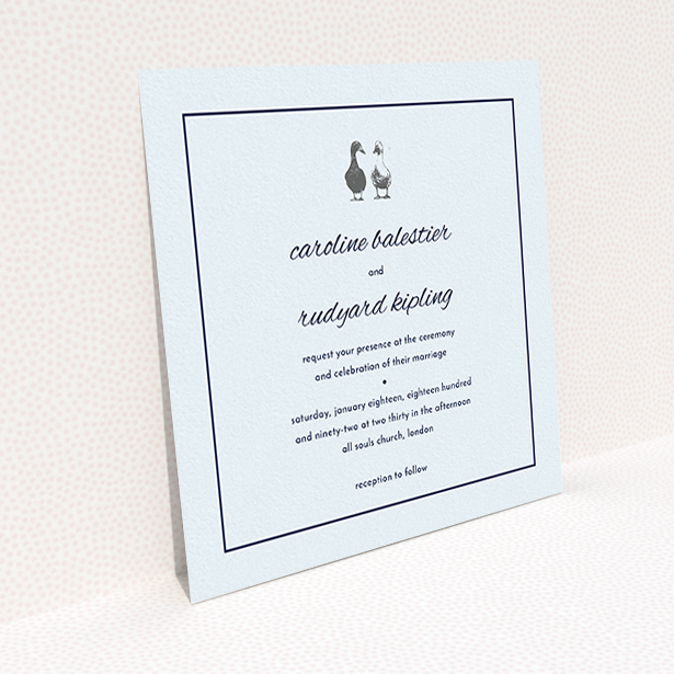 A wedding invite card design titled "Two little ducks". It is a square (148mm x 148mm) invite in a square orientation. "Two little ducks" is available as a flat invite, with mainly white colouring.