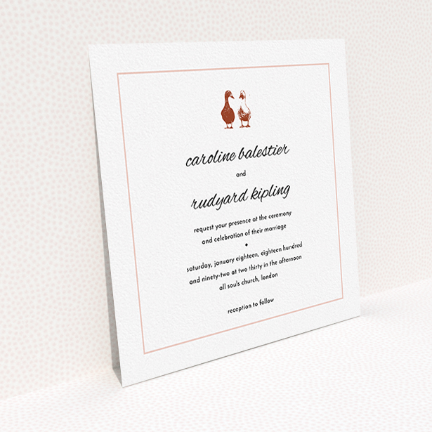 A wedding invite card called "Two little ducks". It is a square (148mm x 148mm) invite in a square orientation. "Two little ducks" is available as a flat invite, with mainly white colouring.