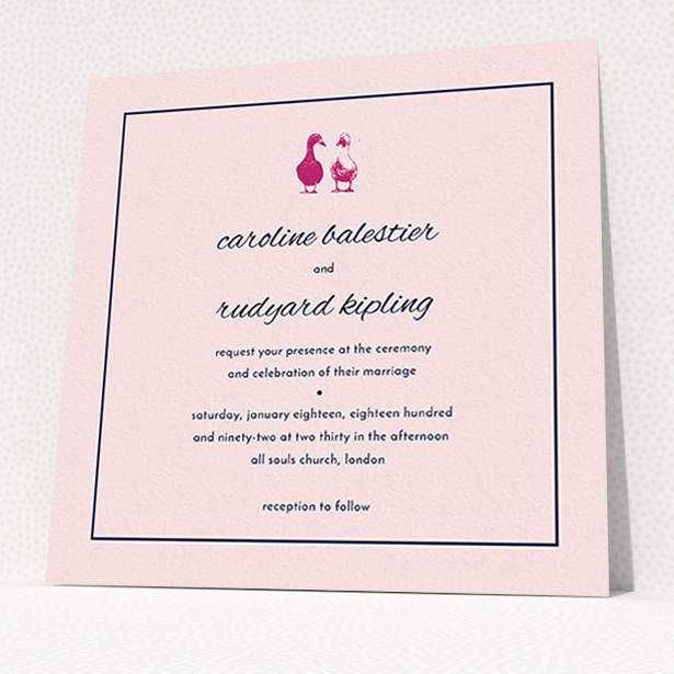 A wedding invite card template titled "Two little ducks". It is a square (148mm x 148mm) invite in a square orientation. "Two little ducks" is available as a flat invite, with mainly pink colouring.