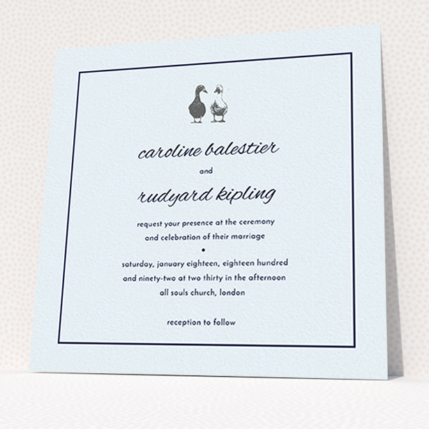 A wedding invite card design titled "Two little ducks". It is a square (148mm x 148mm) invite in a square orientation. "Two little ducks" is available as a flat invite, with mainly white colouring.