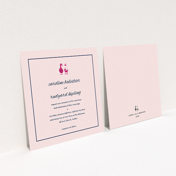 A wedding invite card template titled "Two little ducks". It is a square (148mm x 148mm) invite in a square orientation. "Two little ducks" is available as a flat invite, with mainly pink colouring.