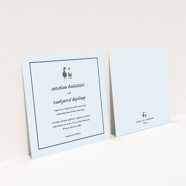 A wedding invite card design titled "Two little ducks". It is a square (148mm x 148mm) invite in a square orientation. "Two little ducks" is available as a flat invite, with mainly white colouring.