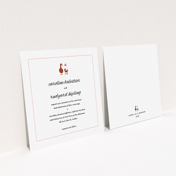 A wedding invite card called "Two little ducks". It is a square (148mm x 148mm) invite in a square orientation. "Two little ducks" is available as a flat invite, with mainly white colouring.