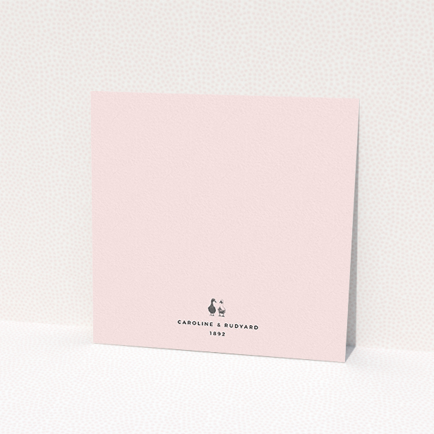 A wedding invite card template titled "Two little ducks". It is a square (148mm x 148mm) invite in a square orientation. "Two little ducks" is available as a flat invite, with mainly pink colouring.