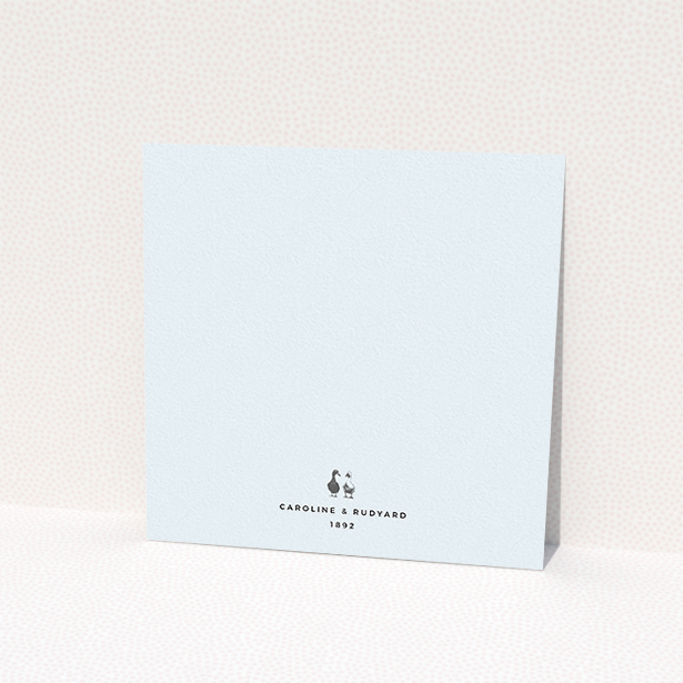 A wedding invite card design titled "Two little ducks". It is a square (148mm x 148mm) invite in a square orientation. "Two little ducks" is available as a flat invite, with mainly white colouring.