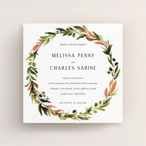 A wedding invite card design called "Watercolour Olive Wreath". It is a square (148mm x 148mm) invite in a square orientation. "Watercolour Olive Wreath" is available as a flat invite, with tones of green, dark green and terracotta.