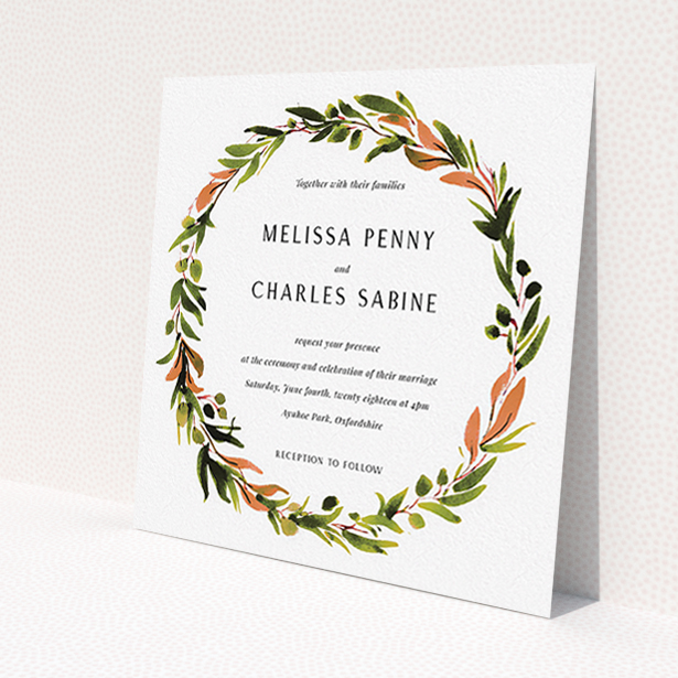 A wedding invite card design called "Watercolour Olive Wreath". It is a square (148mm x 148mm) invite in a square orientation. "Watercolour Olive Wreath" is available as a flat invite, with tones of green, dark green and terracotta.