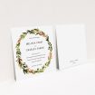 A wedding invite card design called "Watercolour Olive Wreath". It is a square (148mm x 148mm) invite in a square orientation. "Watercolour Olive Wreath" is available as a flat invite, with tones of green, dark green and terracotta.