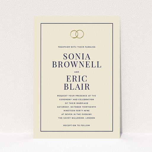 A wedding invite card design named "Wedding bands". It is an A5 invite in a portrait orientation. "Wedding bands" is available as a flat invite, with tones of cream and gold.