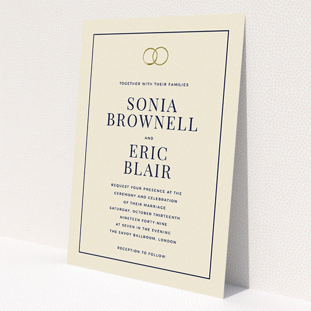 A wedding invite card design named "Wedding bands". It is an A5 invite in a portrait orientation. "Wedding bands" is available as a flat invite, with tones of cream and gold.